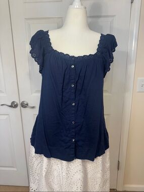 LC Navy Eyelet Cap-Sleeve Button Front Blouse